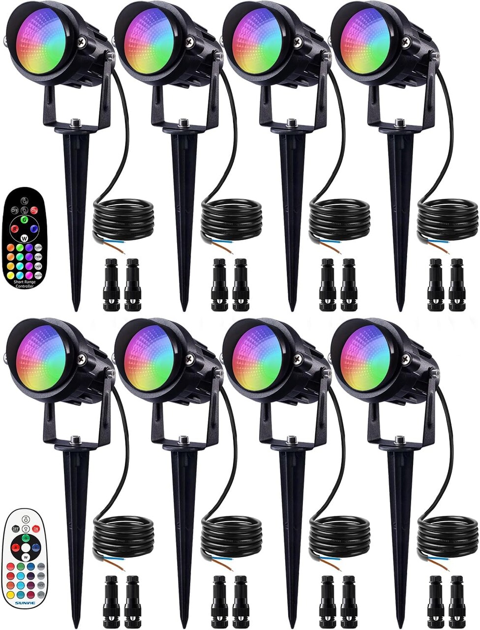 12W RGB Color Changing Landscape Lights Low Voltage LED Landscape Lighting Remote Control Spotlight Waterproof Garden Pathway Christmas Decorative Lights Outdoor Indoor, 8 Pack with Connector